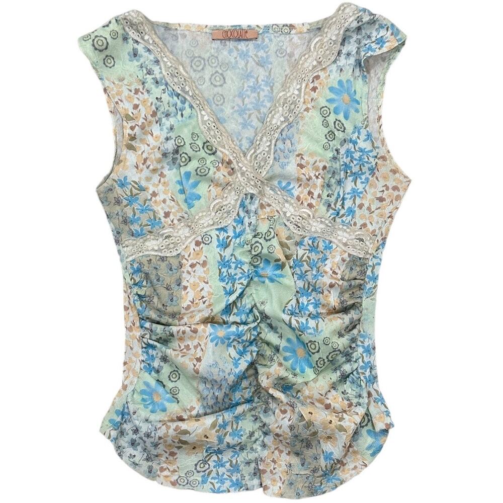 Y2k Chocolate Floral Lace Trim Blouse